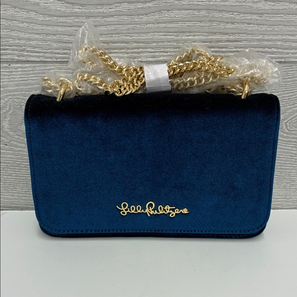 Lilly Pulitzer Blue Velvet Crossbody Bag with Gold Chain Detail